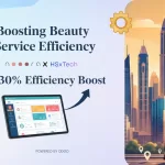 A promotional graphic titled "Boosting Beauty Service Efficiency" featuring a partnership between Noora and HSxTech. It shows a digital tablet displaying an Odoo dashboard next to an illustration of a city skyline with a blue Noora van, highlighting a "30% Efficiency Boost.