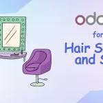 Illustration of a salon styling station with mirror, chair, hair dryer, and drawers on the left, and the text “Odoo for Hair Salons and Spa” on a soft pastel geometric background.