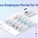 Isometric mockup of the Advance Employee Portal for Odoo 19, showing a 3D interface with multiple colorful module cards including My Account, My Profile, Time Off, Timesheets, Expenses, Attendance, Tasks, CRM, Payroll, Helpdesk, and Approvals displayed on a light blue-to-purple gradient background with decorative geometric elements.