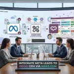 A realistic business boardroom setting where four professionals in corporate attire sit around a wooden conference table with open laptops