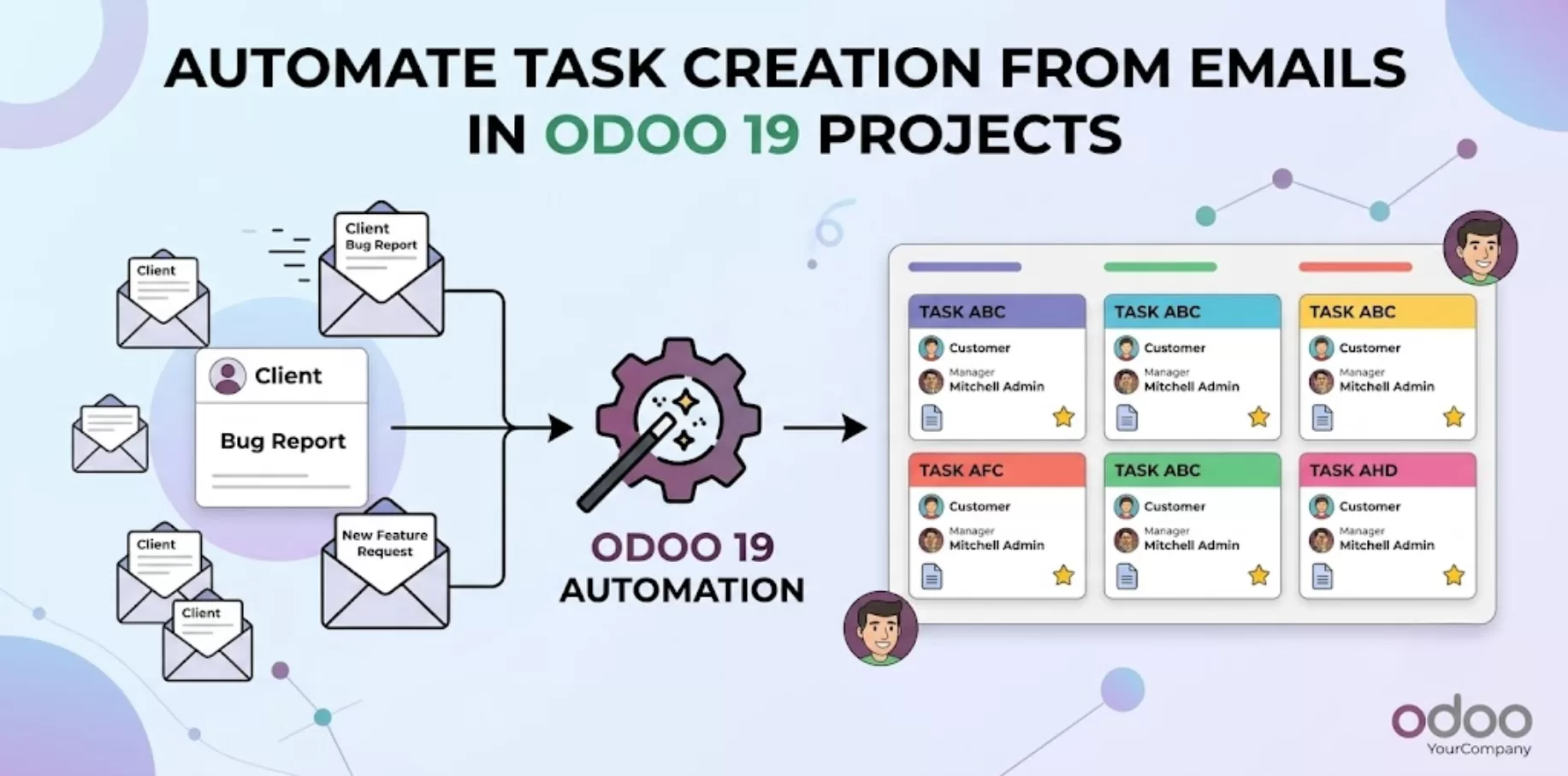 his is an illustration for an Odoo 19 blog post about automating task creation from emails